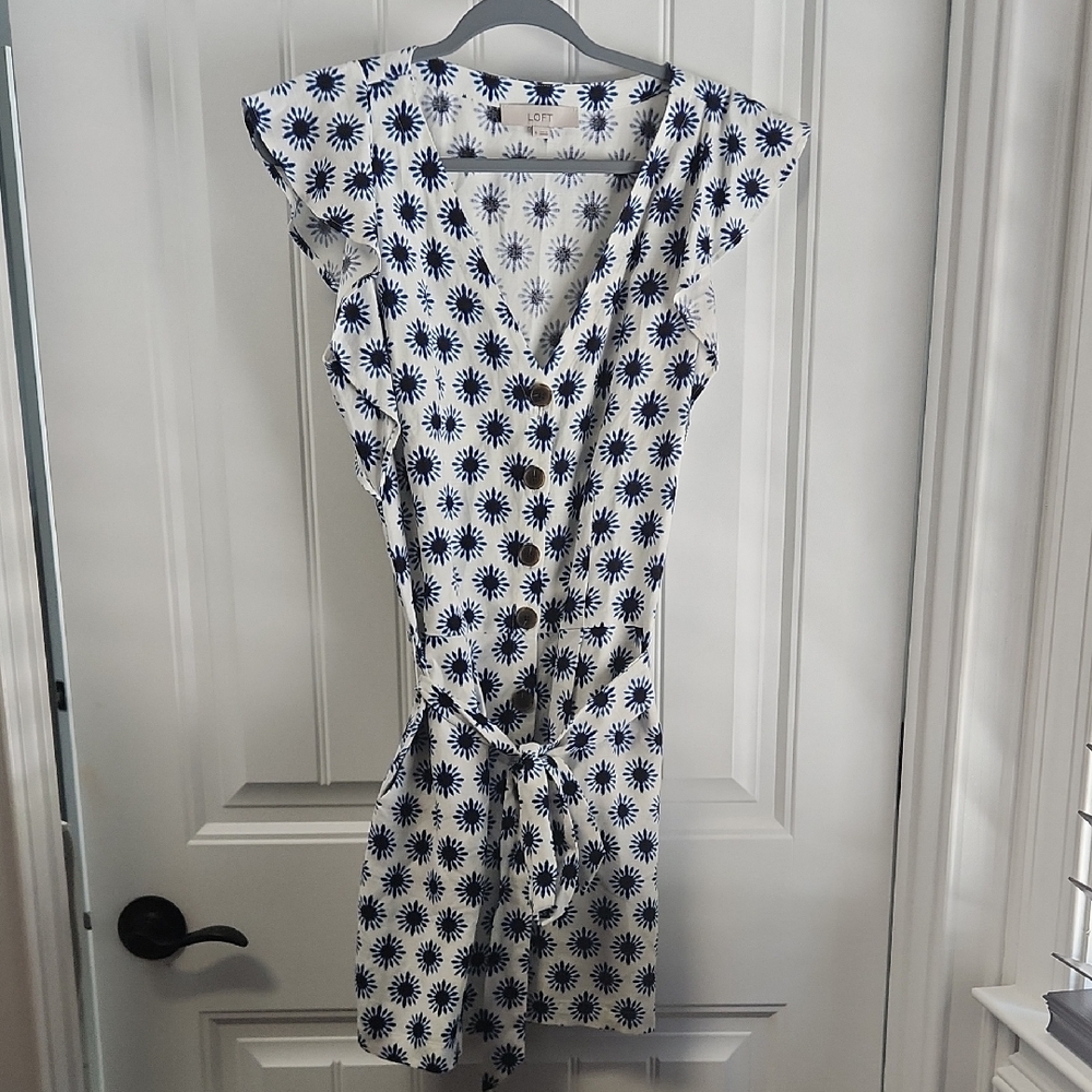 LOFT White and Navy Floral Midi Dress